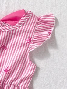 SHEIN Elladie kids 女童白色優雅公主仙女風條紋蝴蝶結印花圓領荷葉袖露背裝飾荷葉邊洋裝，生日派對、嬰兒洗禮、夏季度假適用 - 粉色 - 查看 8