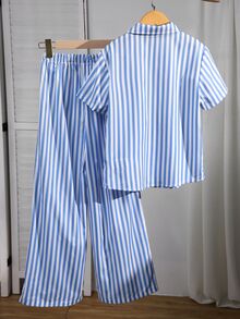 SHEIN 青少年女孩 2件/套 短袖圓領可愛藍白配色上衣褲子 T恤 夏季套裝 適合家庭拍照、蜜月旅行 - 藍色 - 查看 2