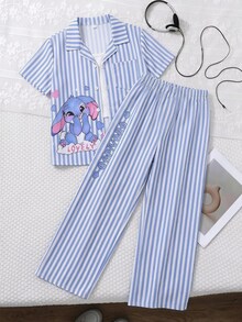 SHEIN 青少年女孩 2件/套 短袖圓領可愛藍白配色上衣褲子 T恤 夏季套裝 適合家庭拍照、蜜月旅行 - 藍色 - 查看 1