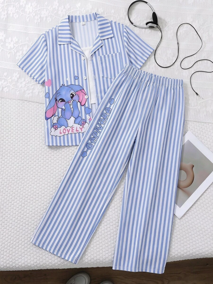 SHEIN 青少年女孩 2件/套 短袖圓領可愛藍白配色上衣褲子 T恤 夏季套裝 適合家庭拍照、蜜月旅行 - 藍色 - 查看 1