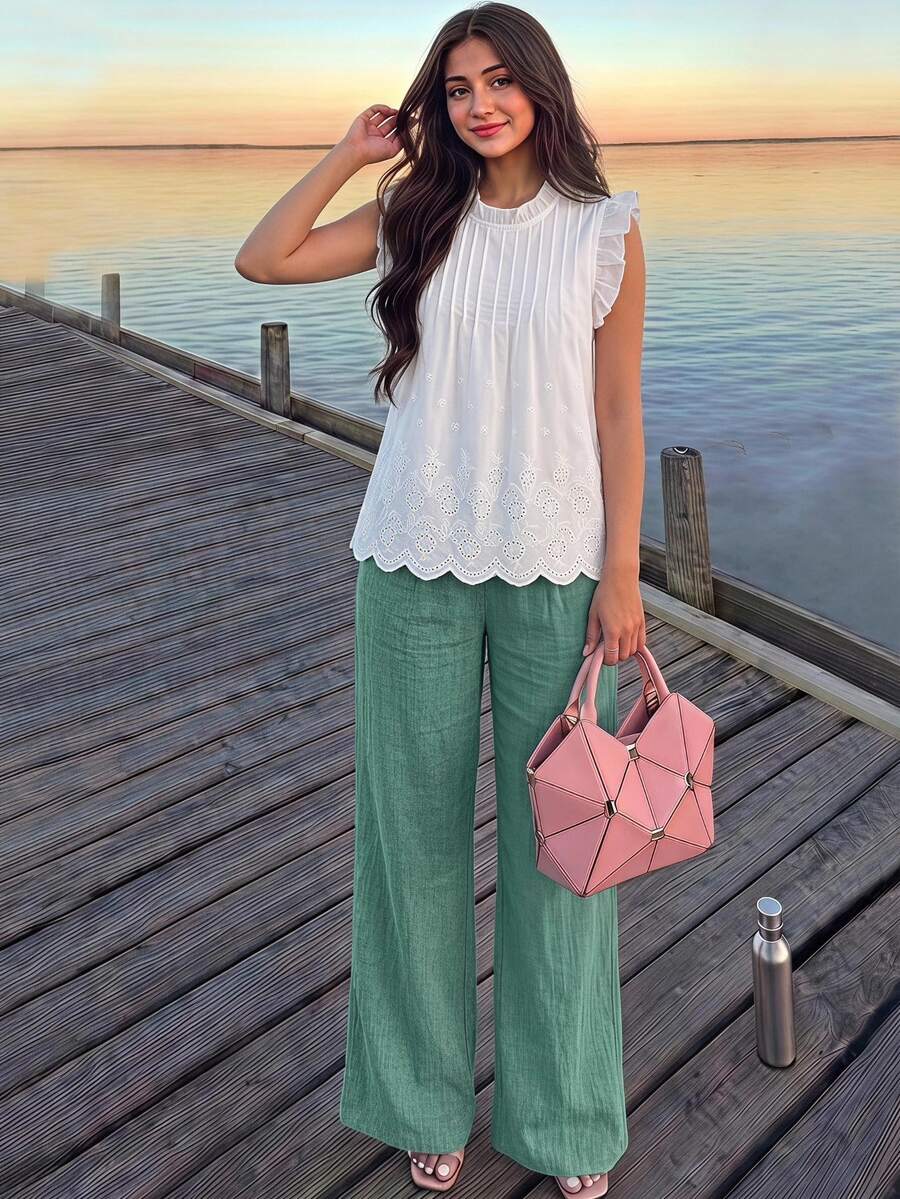 Tween Girls 2pcs/Set Summer Floral Embroidery Frill Cap Sleeve Top And Pants S Set, Casual Cute, Holiday Outfits - Green - View 1