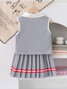 Elladie kids 2件組女孩校園風 Polo 領無袖針織 T-shirt 上衣與百褶裙套裝，開學季夏季職業日運動戶外活動表演白色 - 彩色 - 查看 3