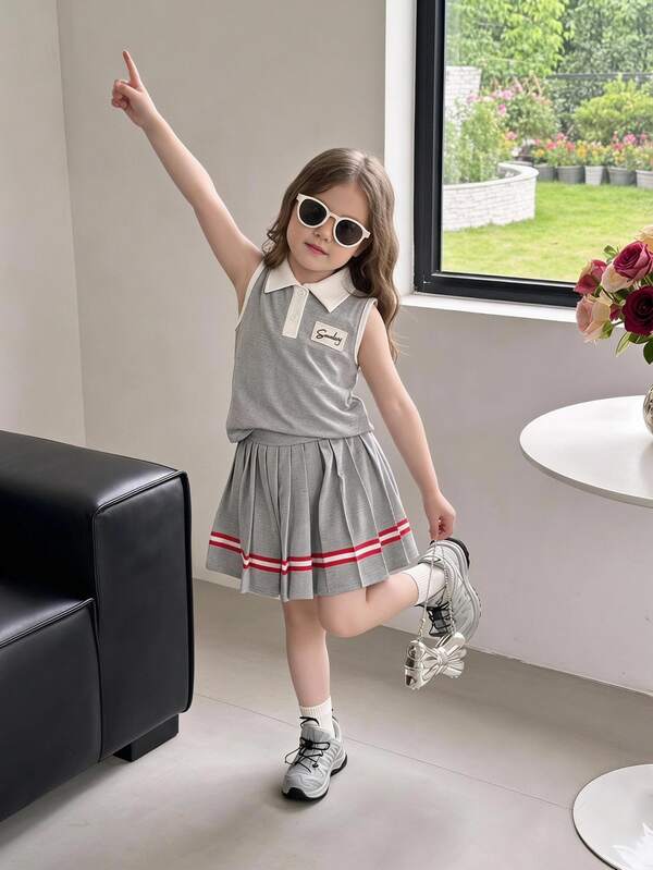 Elladie kids 2件組女孩校園風 Polo 領無袖針織 T-shirt 上衣與百褶裙套裝，開學季夏季職業日運動戶外活動表演白色