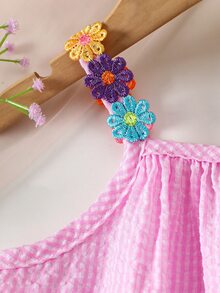 Souflis Souflis Baby Girl Summer Pink And White Striped Floral Woven Tape Patchwork A-Line Vacation Dress, Suitable For Daily Casual Cute Tropical Beach - Pink - View 6