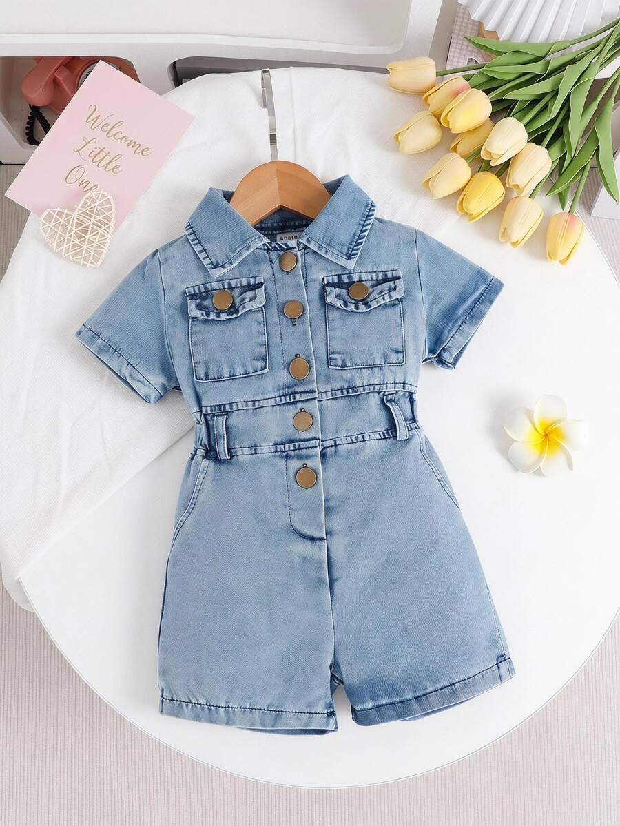 SHEIN Playful Pals 女嬰 80年代搖滾 2016美學 牛仔短袖連身褲 漁夫帽 夏季套裝 淺藍色 假期家庭拍照服飾 - 藍色 - 查看 1