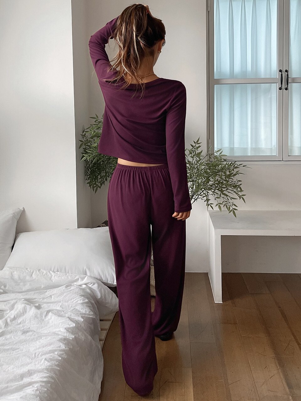 Women's Solid Color Long Sleeve Top And Pants Casual Daily Loungewear Set Fall