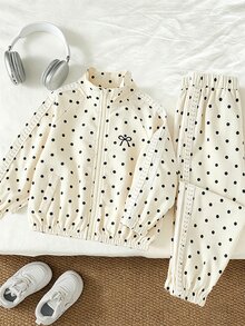 SHEIN Genkimix Kids 2件組女童春秋新款杏色黑色波點蝴蝶結熱轉印印花甜美休閒時尚心形編織帶裝飾立領拉鍊上衣與休閒長褲套裝，適合日常優雅運動校園休閒穿著 - 杏色 - 查看 4