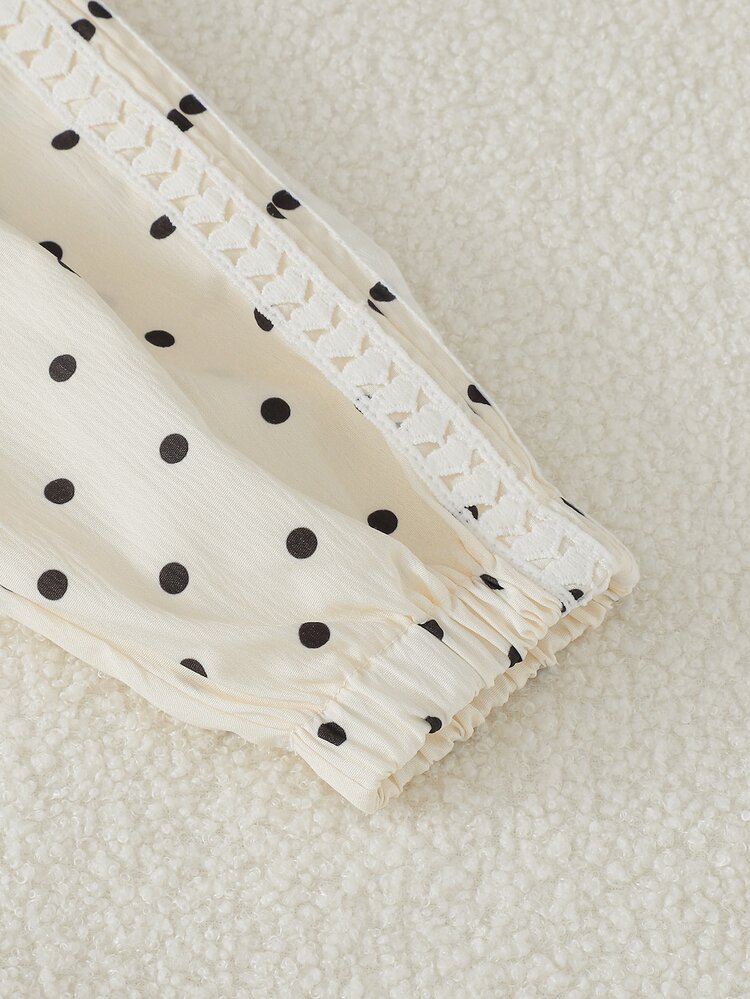 SHEIN Genkimix Kids 2pcs/Set Girls' Spring/Autumn New Apricot Black Polka Dot Bow Tie Heat Transfer Print Sweet Casual Fashion Heart-Shaped Woven Tape Decor Stand Collar Zipper Top & Casual Long Pants Cute Sweet Outfit Suitable For Daily Elegant Sporty School Casual Wear - Apricot - View 13