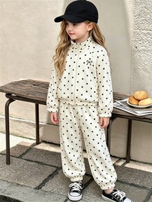 SHEIN Genkimix Kids 2件組女童春秋新款杏色黑色波點蝴蝶結熱轉印印花甜美休閒時尚心形編織帶裝飾立領拉鍊上衣與休閒長褲套裝，適合日常優雅運動校園休閒穿著 - 杏色 - 查看 15