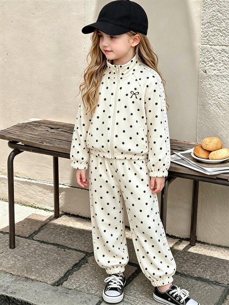 SHEIN Genkimix Kids 2pcs/Set Girls' Spring/Autumn New Apricot Black Polka Dot Bow Tie Heat Transfer Print Sweet Casual Fashion Heart-Shaped Woven Tape Decor Stand Collar Zipper Top & Casual Long Pants Cute Sweet Outfit Suitable For Daily Elegant Sporty School Casual Wear - Apricot - View 15