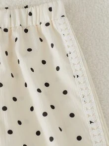 SHEIN Genkimix Kids 2件組女童春秋新款杏色黑色波點蝴蝶結熱轉印印花甜美休閒時尚心形編織帶裝飾立領拉鍊上衣與休閒長褲套裝，適合日常優雅運動校園休閒穿著 - 杏色 - 查看 11