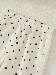 SHEIN Genkimix Kids 2件組女童春秋新款杏色黑色波點蝴蝶結熱轉印印花甜美休閒時尚心形編織帶裝飾立領拉鍊上衣與休閒長褲套裝，適合日常優雅運動校園休閒穿著 - 杏色 - 查看 10
