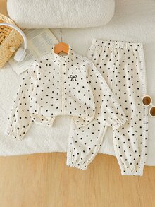 SHEIN Genkimix Kids 2件組女童春秋新款杏色黑色波點蝴蝶結熱轉印印花甜美休閒時尚心形編織帶裝飾立領拉鍊上衣與休閒長褲套裝，適合日常優雅運動校園休閒穿著 - 杏色 - 查看 8