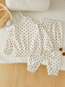 SHEIN Genkimix Kids 2件組女童春秋新款杏色黑色波點蝴蝶結熱轉印印花甜美休閒時尚心形編織帶裝飾立領拉鍊上衣與休閒長褲套裝，適合日常優雅運動校園休閒穿著 - 杏色 - 查看 2