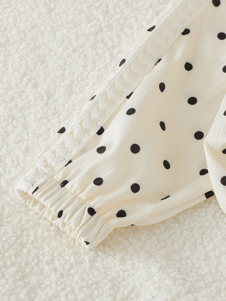 SHEIN Genkimix Kids 2pcs/Set Girls' Spring/Autumn New Apricot Black Polka Dot Bow Tie Heat Transfer Print Sweet Casual Fashion Heart-Shaped Woven Tape Decor Stand Collar Zipper Top & Casual Long Pants Cute Sweet Outfit Suitable For Daily Elegant Sporty School Casual Wear - Apricot - View 12