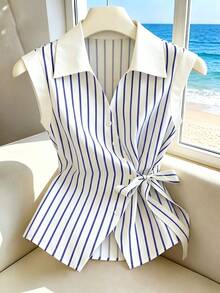 SHEIN Blue And White Stripe Striped Front Bowknot Asymmetrical Hem Sleeveless Women's Blouse Brunch Summer Elegant - Baby Blue - View 5