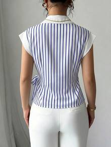 SHEIN Blue And White Stripe Striped Front Bowknot Asymmetrical Hem Sleeveless Women's Blouse Brunch Summer Elegant - Baby Blue - View 2