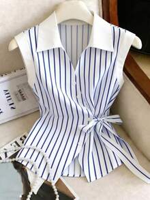 SHEIN Blue And White Stripe Striped Front Bowknot Asymmetrical Hem Sleeveless Women's Blouse Brunch Summer Elegant - Baby Blue - View 1