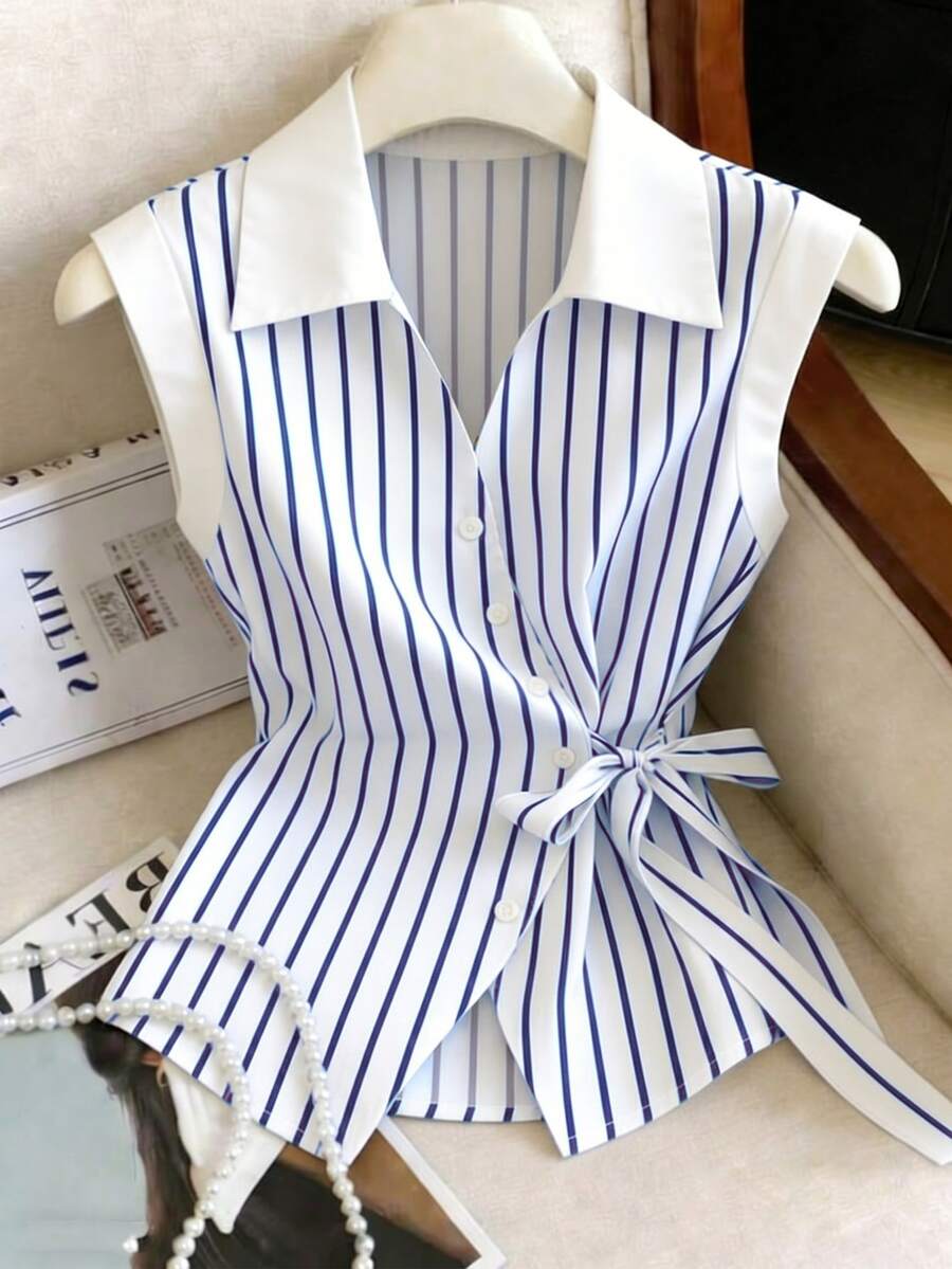 SHEIN Blue And White Stripe Striped Front Bowknot Asymmetrical Hem Sleeveless Women's Blouse Brunch Summer Elegant - Baby Blue - View 1