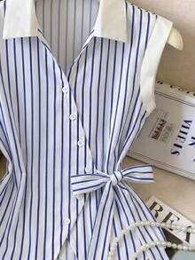SHEIN Blue And White Stripe Striped Front Bowknot Asymmetrical Hem Sleeveless Women's Blouse Brunch Summer Elegant - Baby Blue - View 7