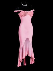 SHEIN ICON Ruched Floral Trim Off Shoulder Mermaid Hem Mesh Dress, Fitted - Pink - View 3