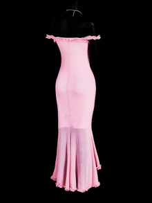 SHEIN ICON Ruched Floral Trim Off Shoulder Mermaid Hem Mesh Dress, Fitted - Pink - View 7
