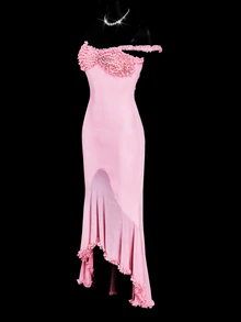 SHEIN ICON Ruched Floral Trim Off Shoulder Mermaid Hem Mesh Dress, Fitted - Pink - View 5