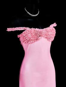 SHEIN ICON Ruched Floral Trim Off Shoulder Mermaid Hem Mesh Dress, Fitted - Pink - View 9