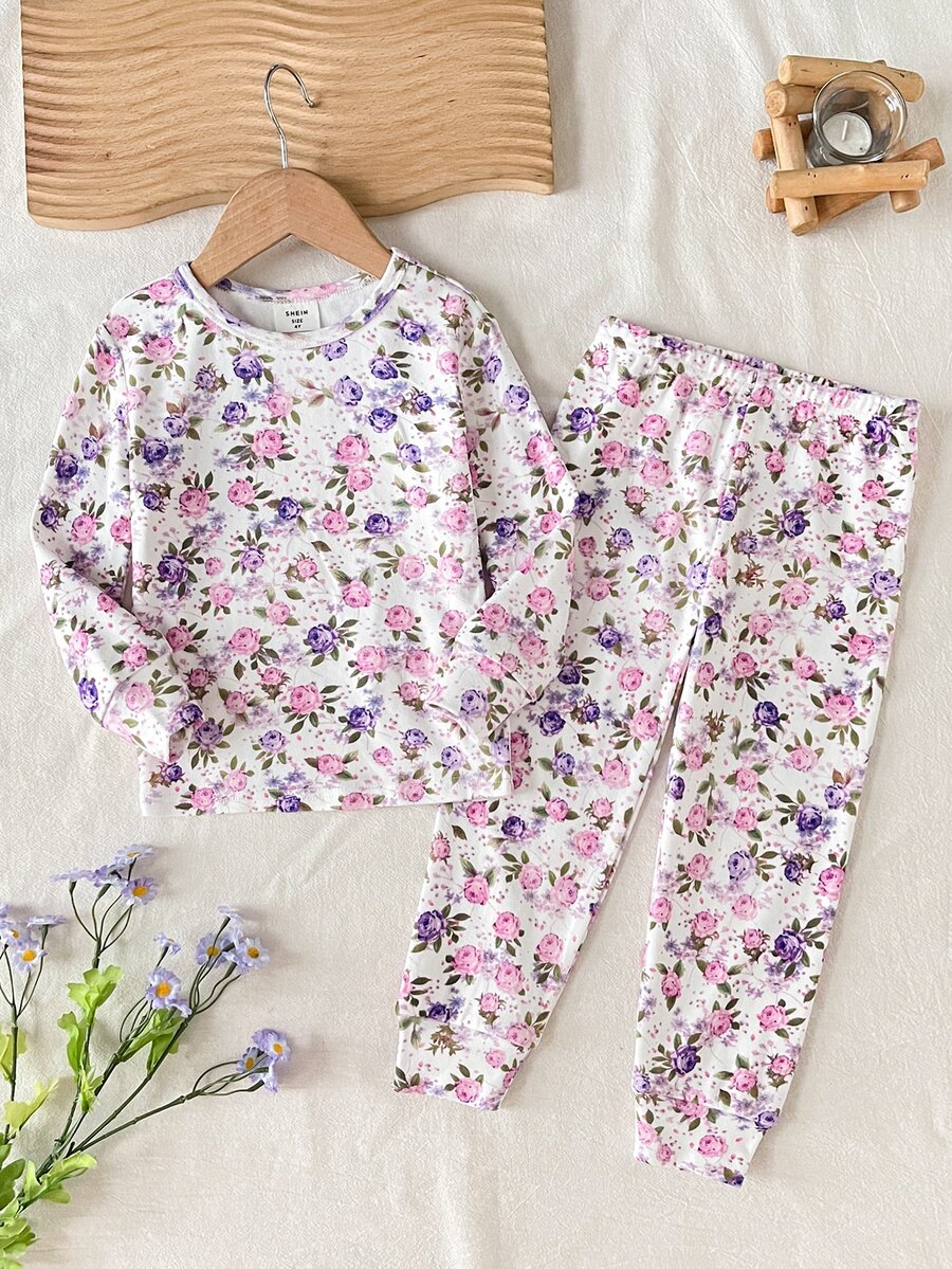 SHEIN 女童休閒極簡修身舒適圓領短袖長褲家居服套裝，適合春夏，4件套 - 彩色 - 查看 1