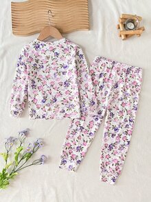 SHEIN 女童休閒極簡修身舒適圓領短袖長褲家居服套裝，適合春夏，4件套 - 彩色 - 查看 7