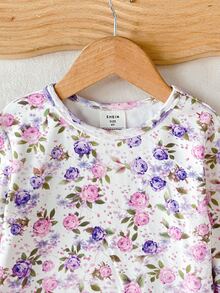 SHEIN 女童休閒極簡修身舒適圓領短袖長褲家居服套裝，適合春夏，4件套 - 彩色 - 查看 5