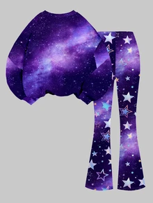 抓絨內裡，少女復古甜美卡通 K-Pop 女團星空圖案，休閒極簡寬鬆圓領長袖衛衣 & 喇叭褲 2 件套，適合秋冬，街頭復古風，輕鬆舒適，兒童秋季疊穿，Y2K，運動套裝，外出，街拍，校園，休閒 - 彩色 - 查看 2