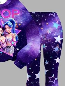抓絨內裡，少女復古甜美卡通 K-Pop 女團星空圖案，休閒極簡寬鬆圓領長袖衛衣 & 喇叭褲 2 件套，適合秋冬，街頭復古風，輕鬆舒適，兒童秋季疊穿，Y2K，運動套裝，外出，街拍，校園，休閒 - 彩色 - 查看 5