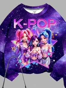 抓絨內裡，少女復古甜美卡通 K-Pop 女團星空圖案，休閒極簡寬鬆圓領長袖衛衣 & 喇叭褲 2 件套，適合秋冬，街頭復古風，輕鬆舒適，兒童秋季疊穿，Y2K，運動套裝，外出，街拍，校園，休閒 - 彩色 - 查看 4