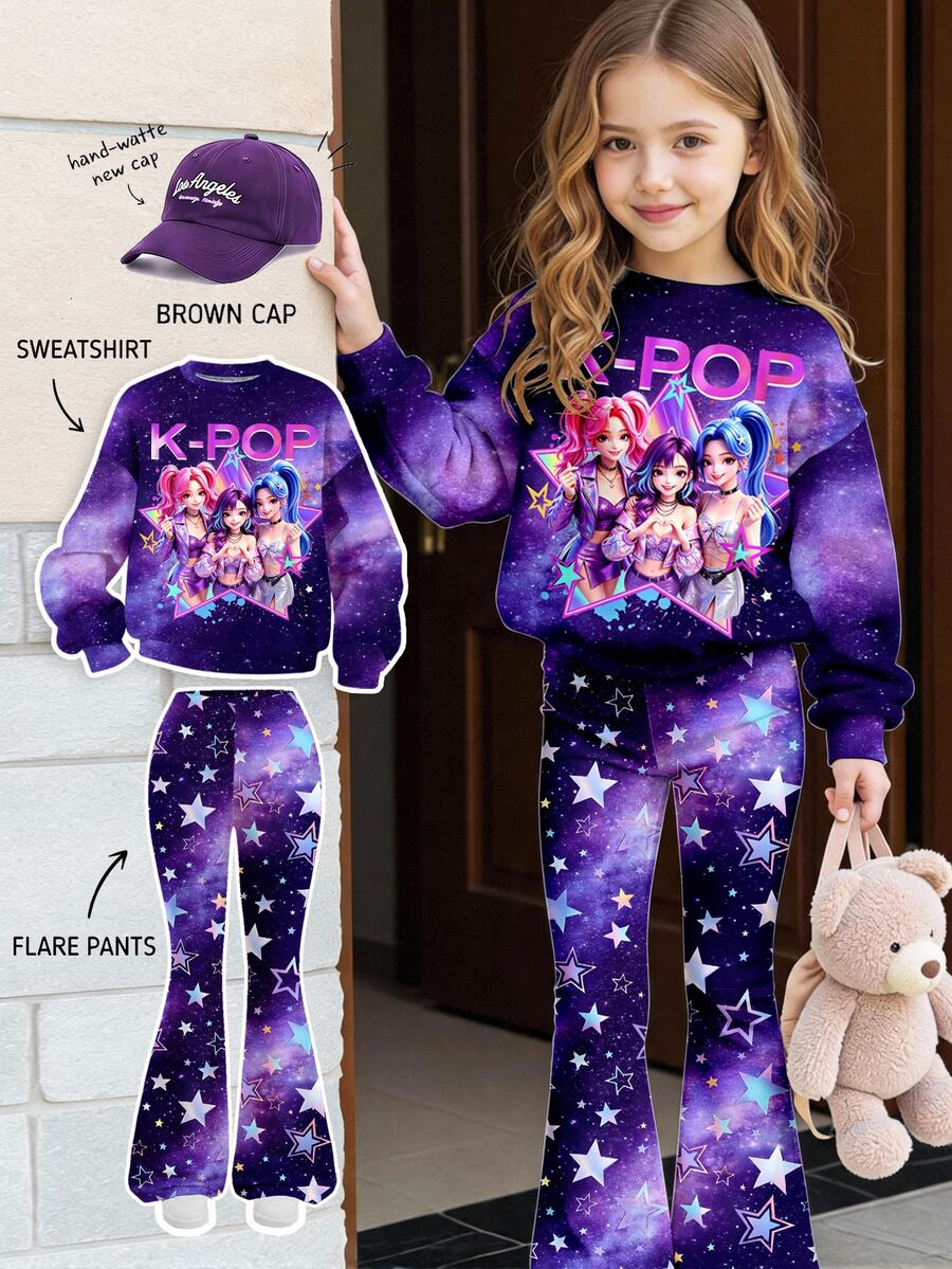抓絨內裡,少女復古甜美卡通 K-Pop 女團星空圖案,休閒極簡寬鬆圓領長袖衛衣 & 喇叭褲 2 件套,適合秋冬,街頭復古風,輕鬆舒適,兒童秋季疊穿,Y2K,運動套裝,外出,街拍,校園,休閒 - 彩色 - 查看 1