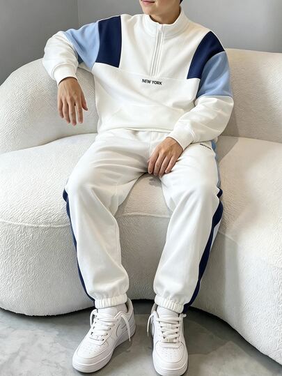 2pcs Tween Boy Fashion White & Blue Colorblock Long Sleeve Sweatshirt Set, Chest Slogan Print, Cool Street Style, Soft Comfortable Fabric, Easy To Wear, Suitable For Spring & Autumn, School, Outings, Must-Have 2-Piece Set