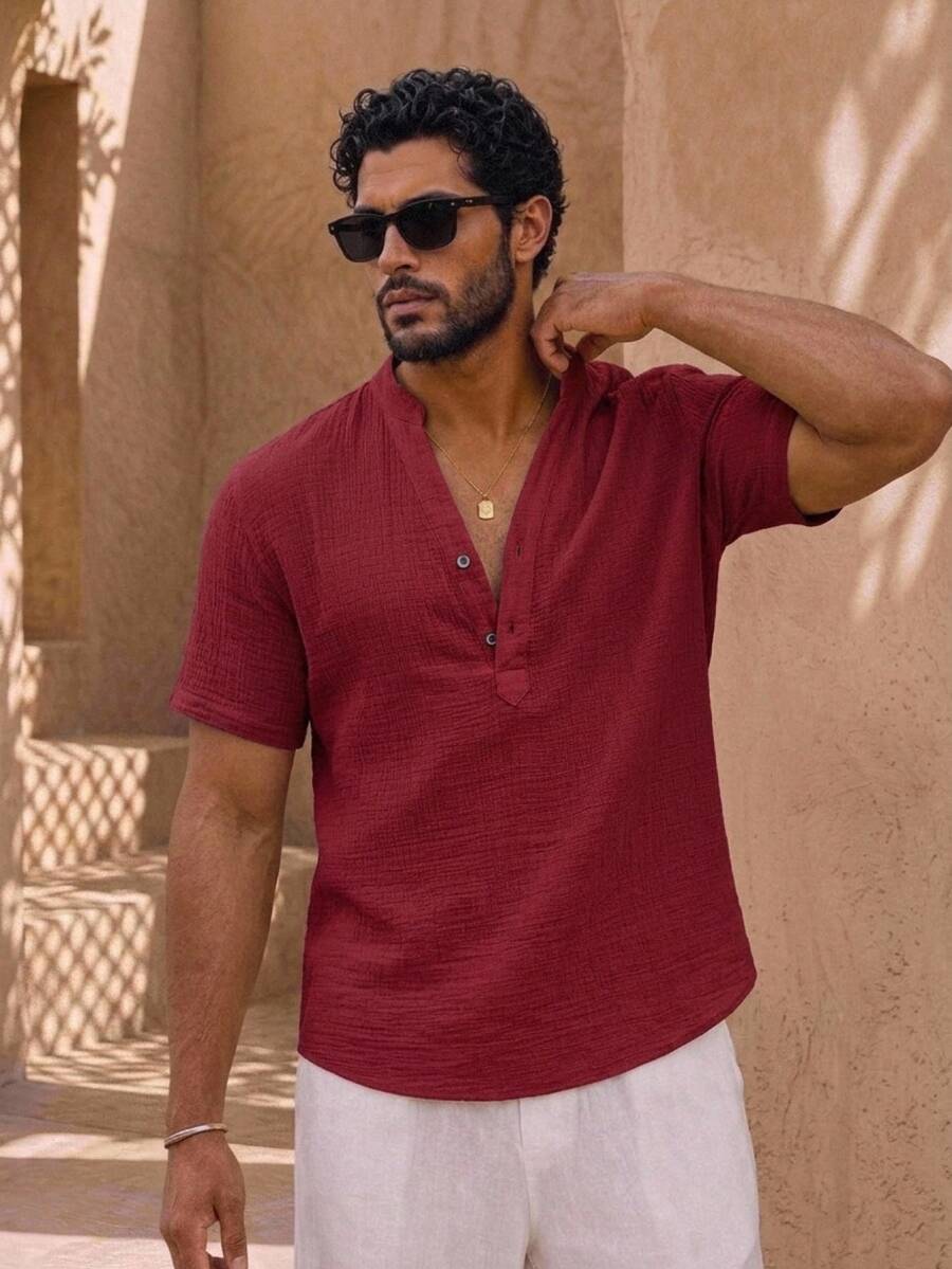 HIMLAND Men's Cobalt Blue Textured Band Collar Short Sleeve Shirt With Deep V-Button Placket. Relaxed Loose Fit In Lightweight Crinkled Woven Fabric. Breezy M - Red - View 1