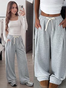 SHEIN 青少年女孩秋冬休閒街頭風針織淺灰色抽繩口袋百褶寬鬆闊腿運動長褲，百搭日常/出遊/機場穿搭，休閒灰色低腰寬鬆香蕉褲 - 淺灰色 - 查看 3