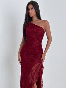 Ronhire Women's Burgundy Knitted Mesh One-Shoulder Dress With Metal Buckle, High Slit Ruffle Hem Long, Sexy Elegant Wedding Birthday Formal Summer - Red - View 4