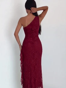Ronhire Women's Burgundy Knitted Mesh One-Shoulder Dress With Metal Buckle, High Slit Ruffle Hem Long, Sexy Elegant Wedding Birthday Formal Summer - Red - View 2