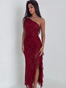 Ronhire Women's Burgundy Knitted Mesh One-Shoulder Dress With Metal Buckle, High Slit Ruffle Hem Long, Sexy Elegant Wedding Birthday Formal Summer - Red - View 3