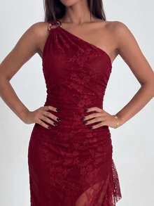Ronhire Women's Burgundy Knitted Mesh One-Shoulder Dress With Metal Buckle, High Slit Ruffle Hem Long, Sexy Elegant Wedding Birthday Formal Summer - Red - View 5