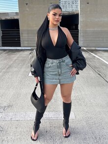 Dayanna Comas 女士休闲百搭牛仔迷你裙，带口袋和卷边下摆 - 淺色水洗藍 - 查看 5