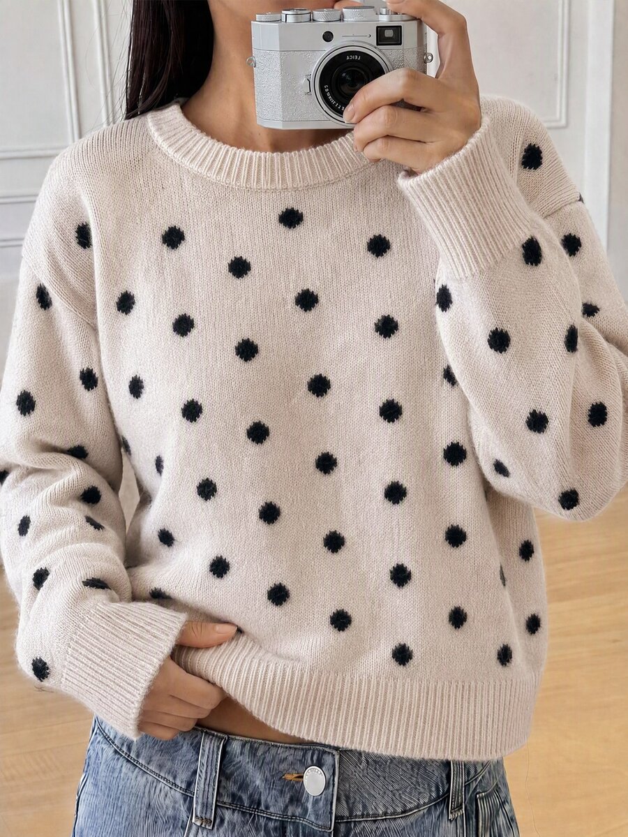 SHEIN Tween Girls Polka Dot Printed Round Neck Sweater For Fall/Winter Back To School - Apricot - View 1