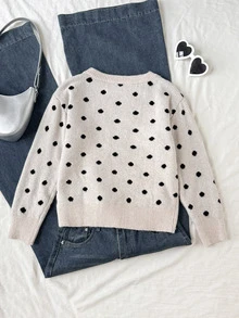 SHEIN Tween Girls Polka Dot Printed Round Neck Sweater For Fall/Winter Back To School - Apricot - View 4