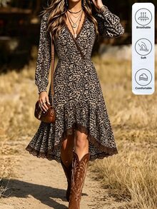 SHEIN LilyWest Women's Autumn/Winter New Leopard Print Lace Trim Dress Vacation Taupe Boho - Khaki - View 3