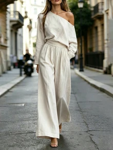 SHEIN Women Fall Asymmetrical Off Shoulder Long Sleeve Top Wide Leg Pants Two Piece Set With Waist Belt For Vacation Daily Casual Linen Look Outfit - Apricot - View 7