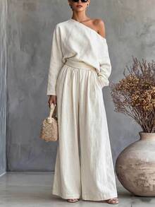 SHEIN Women Fall Asymmetrical Off Shoulder Long Sleeve Top Wide Leg Pants Two Piece Set With Waist Belt For Vacation Daily Casual Linen Look Outfit - Apricot - View 6