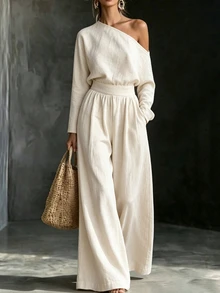 SHEIN Women Fall Asymmetrical Off Shoulder Long Sleeve Top Wide Leg Pants Two Piece Set With Waist Belt For Vacation Daily Casual Linen Look Outfit - Apricot - View 4