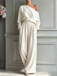 SHEIN Women Fall Asymmetrical Off Shoulder Long Sleeve Top Wide Leg Pants Two Piece Set With Waist Belt For Vacation Daily Casual Linen Look Outfit - Apricot - View 5